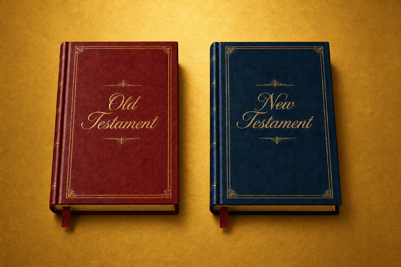 A red Old Testament Bible and a blue New Testament Bible